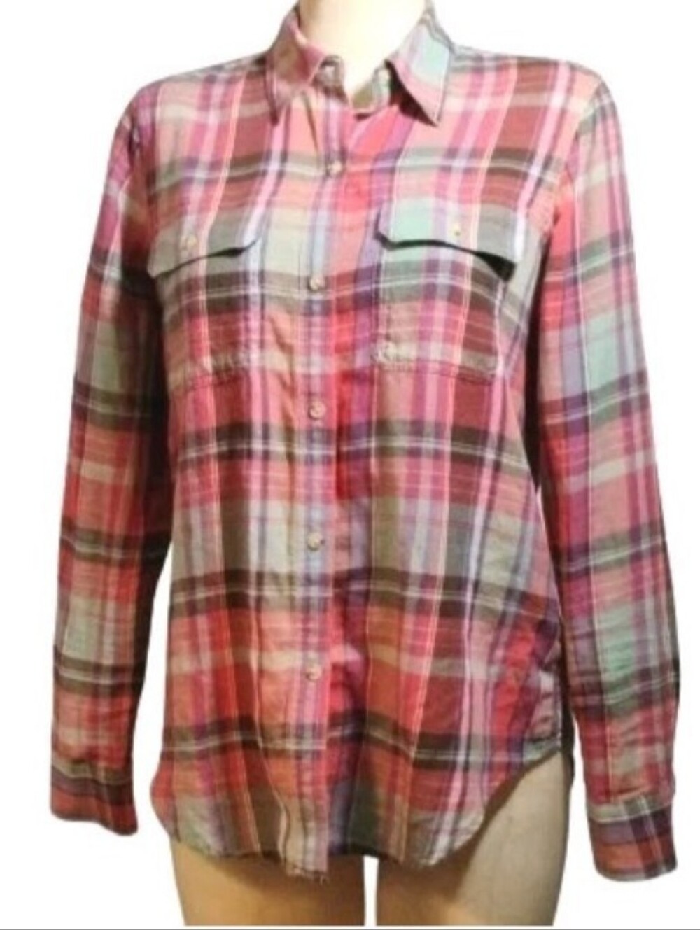 CHAPS Denim Madras Plaid Button Down Shirt Women’s M Pink Green Preppy